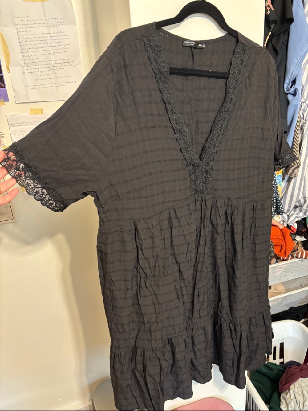 SHEIN Curve Black Lace-Trim V-Neck Midi Dress